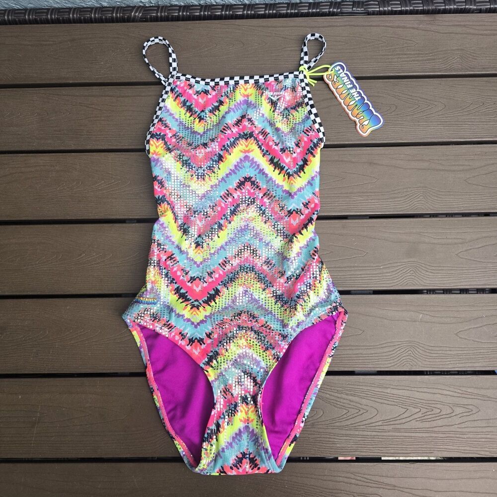 TYR The Finals Womens Rainbow Chevron Swimsuit Flutterback Size 28 New